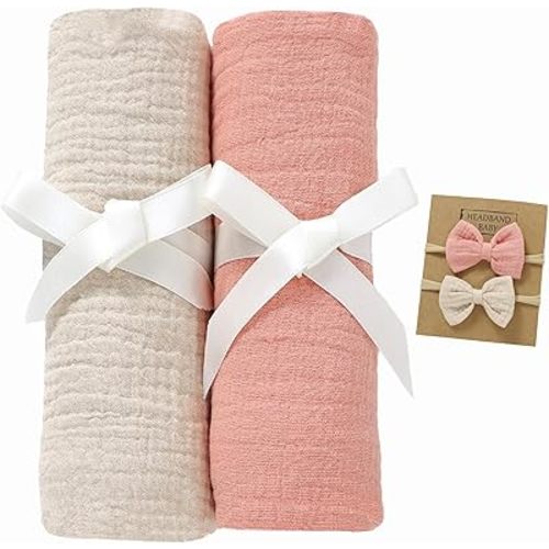 2 Pack Muslin Swaddle Blankets with Headband Set 47x47 in,Large 100% Organic Cotton Muslin Baby Blanket for Newborn Toddlers,Baby Receiving Blankets for Boys and Girls (Khaki+Pink)