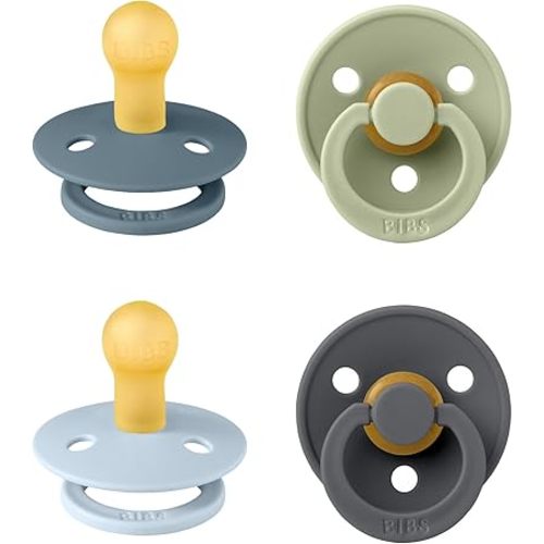 BIBS Colour Soother 4-Pack, BPA Free Dummy Pacifier, Round Nipple. Natural Rubber Latex, Made in Denmark, Size 1 (0-6 Months), Baby Blue Mix