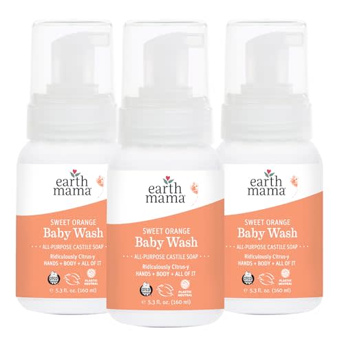 Earth Mama Sweet Orange Baby Wash Liquid Foaming Hand Soap, Organic All Purpose Body Wash for Sensitive Skin, Castile Soap with Coconut Oil, Shea Butter, Calendula, & Aloe, 5.3 fl oz (3-Pack)