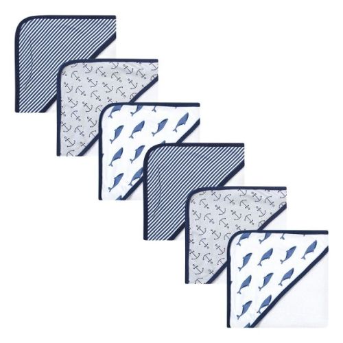 Touched By Nature Infant Boy 6pc Organic Cotton Hooded Towels Bundle Set, Blue Whale, One Size