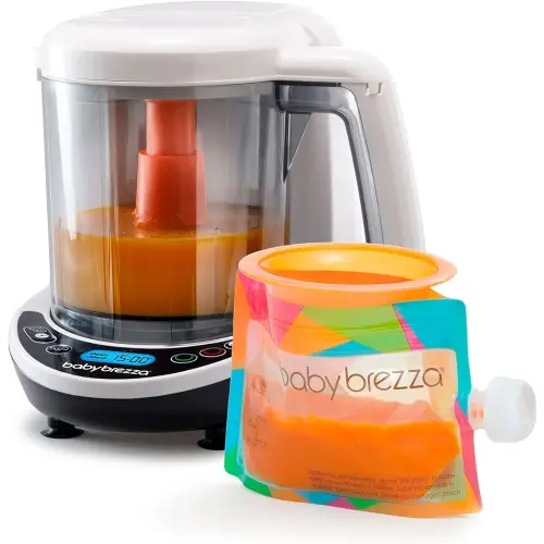 Baby Brezza One Step Baby Food Maker Deluxe – Auto shut Off, Dishwasher Safe Cooker and Blender to Steam + Puree Organic Food for Infants + Toddlers - Set of 3 Pouches + 3 Funnels