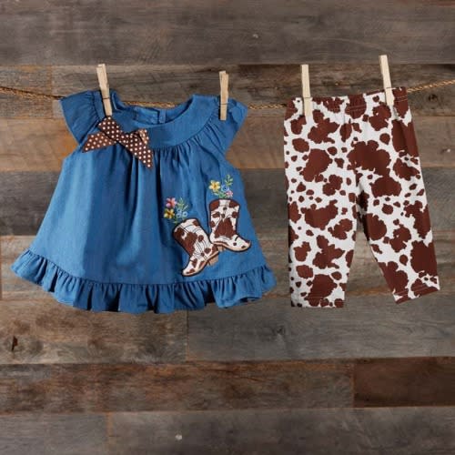 Infant Chambray Cow Print Boots Applique Top and Leggings Set
