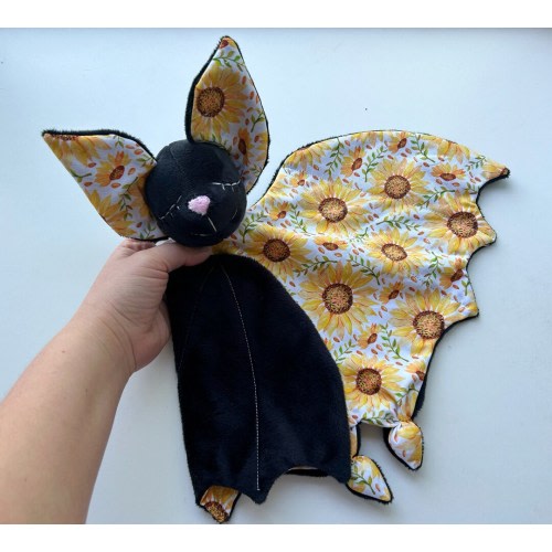Sunflower bat lovey, baby shower gift for baby girl, Halloween baby gift, bat plush baby toy