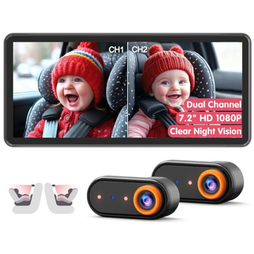 Baby Car Camera for 2 Kids, Dual Channel with 7.2" 1080P Crystal Clear Display, Easily Install Backseat Mirror with 2 IR Night Vision Cameras, Safety Car Baby Camera for Rear Facing