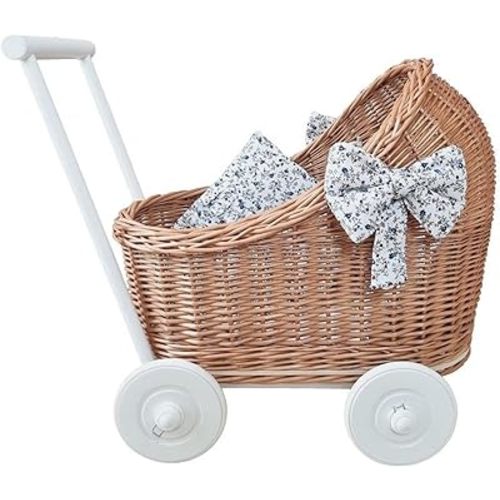 Natural Rattan Doll Stroller - Hand Made in Europe - Fits 17" Dolls & Plush Toys - Wicker Doll Pram & Baby Walker with Bedding Set - Perfect for Imaginative Play | Natural-Flower