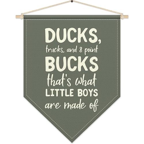 SHIEL-EVEN Boys Room Decor, Ducks Trucks and 8 Point Bucks Posters Hanger Frame, Boys Nursery Wall Art for Toddler Kids, Modern Pennant Flag Banner for Bedroom Playroom, Green Room Decor