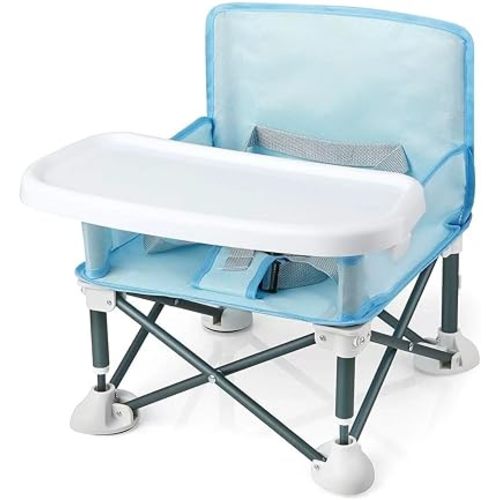 PandaEar Portable Travel Booster Seat with Tray| Folding Baby Seat Booster High Chair for Dining Table| Compact Camping Chair for Lawn, Beach Indoor/Outdoor Use| Toddlers, Kids (Light Blue)