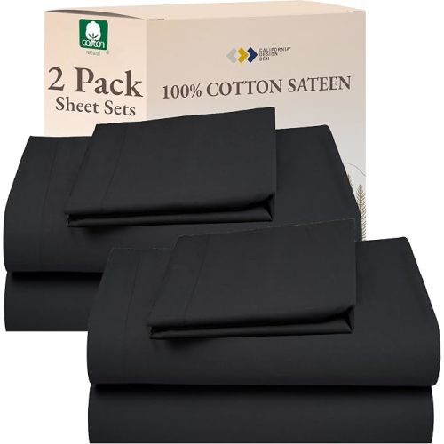 California Design Den 100% Cotton Pack of 2 Twin XL Sheet Sets, Soft Extra Long Twin Bed Sheets, 12" Pocket Sheets, Twin XL Sheets Sateen, Dorm Essentials for Guys - Dark Grey (Black Tone)