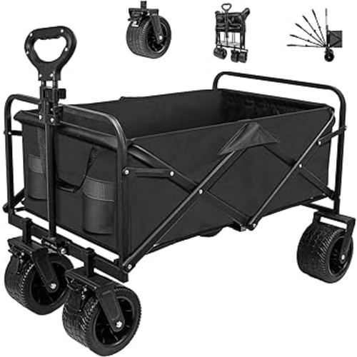 SZHLUX Collapsible Foldable Wagon,Beach Wagon with Big Wheels for Sand,Utility Grocery Wagon with Side Pocket and Brakes for Camping Sports Outdoor Activities