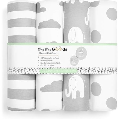Bassinet Bed Sheets – Premium Bassinet Fitted Sheets 4 Pack – 100% Jersey Knit Cotton Cradle Sheets – Bassinet Bedding for Standard Size Oval or Halo Bassinet Pads – Bassinet Sheet for Boy & Girl