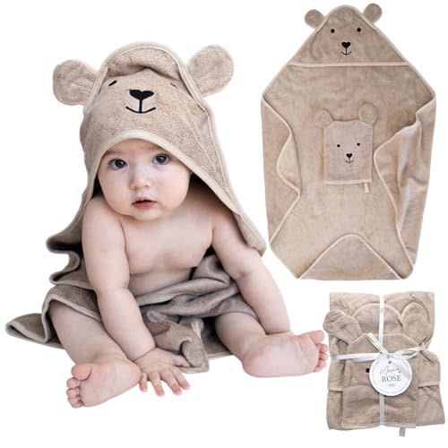 Maeve + Rose Hooded Baby Towel with Mitt - Ultra Soft Plush Bath Essential for Newborn, Infant & Toddler - Premium 30x30 Inch Large Absorbent Baby Bath Towels with Hood for Boys & Girls (Cuddly Bear)