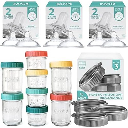 Build Your Own Bottles Bundle | Baby Glass Bottle & Breastmilk Storage Kit | 4oz & 8oz Mason Jars w/Lid + Slow to Fast Flow Nipples (0 to 6+ Months) + Plastic Mason Jar Rings