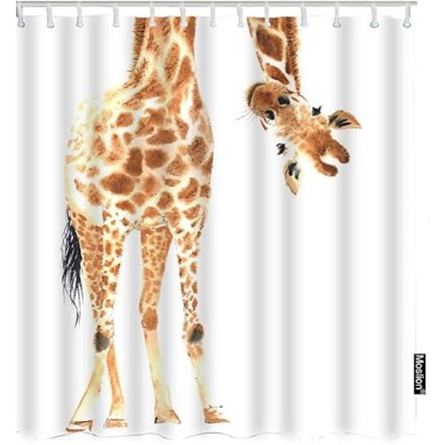 Giraffe Bathroom Shower Curtain Wild Animal Watercolor Giraffe Brow White Feather Shower Curtains Home Decorative Waterproof Polyester Fabric Shower Curtain with Hooks 72x72 Inch