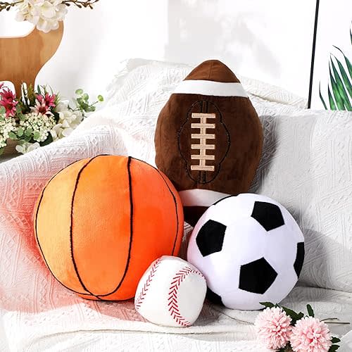 Sratte 4 Pcs Stuffed Sports Pillows Toy Set, Kids Soft Plush Basketball Soccer Ball Football Baseball Shaped Throw Pillow Cute Cushion Gift for Room Bedroom Decor Indoor