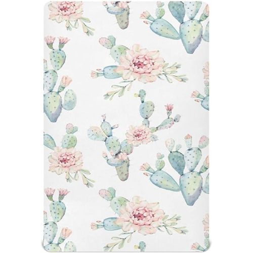 Fitted Crib Sheets Cactus and Floral Stretchy Portable Playard Sheets for Baby Toddler, Breathable Soft Mini Crib Mattress 52 x 28 in for Boys and Girls