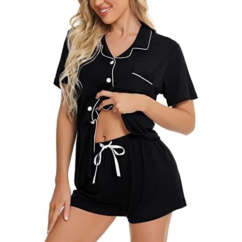 SWOMOG Womens Button Down Pajamas Set Short Sleeve Sleepwear Bride Soft Pj Lounge Sets XS-3XL