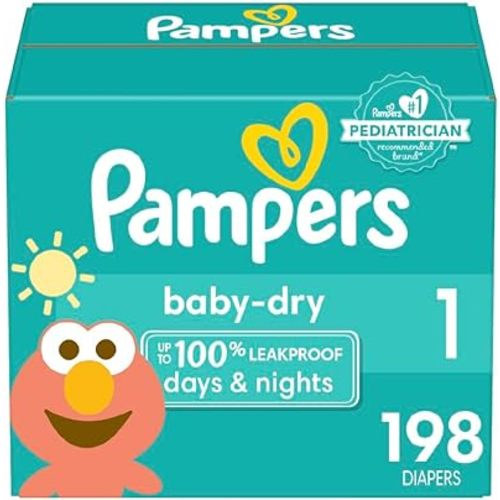Pampers Baby Dry Diapers - Size 1, 198 Count, Absorbent Disposable Diapers
