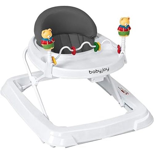 BABY JOY Baby Walker, Foldable Activity Walker Helper with Adjustable Height, Baby Activity Walker with High Back Padded Seat & Bear Toys, Gray