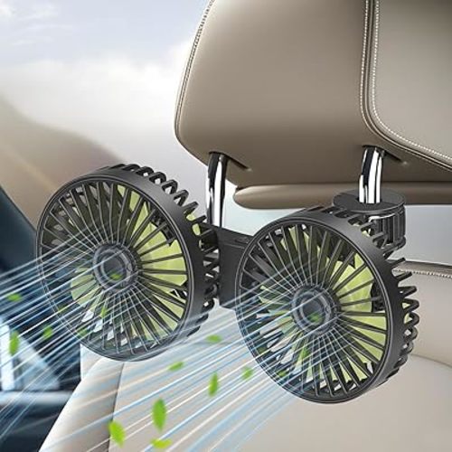 Car Fan for Backseat, Dual Head USB Vehicle Seat Fans, 3 Speeds Strong Wind 360° Rotatable Auto Rear Headrest Fan for Car, Air Circulation Automotive Fans with Adjustable Clip for All Models