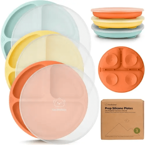 KeaBabies Suction Plates with Lids for Baby - 3-Pack 100% Silicone Toddler Plates with Suction, Divided, BPA-Free Baby Led Weaning Essentials for Kids, Dishwasher, Microwave Safe, Durable (Amaze)