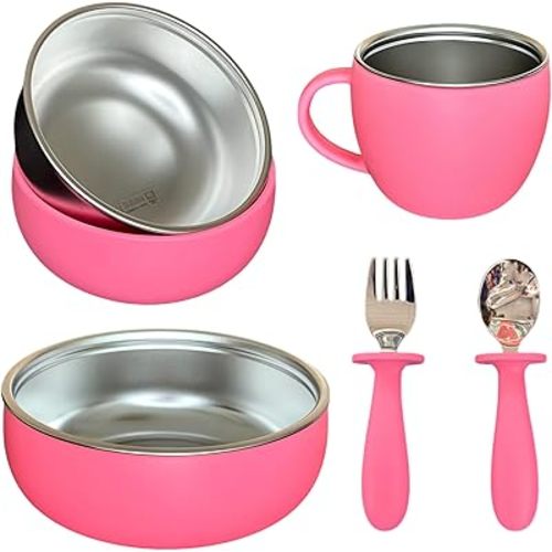 Toddler Dinnerware Set (8 Pieces) - 4 Bowls, 2 Cups, 1 Spoon and 1 Fork | BPA Free, 304 Stainless Steel with Food-Grade Silicone Sleeves | Kids Feeding Set | Toddler Bowl Set