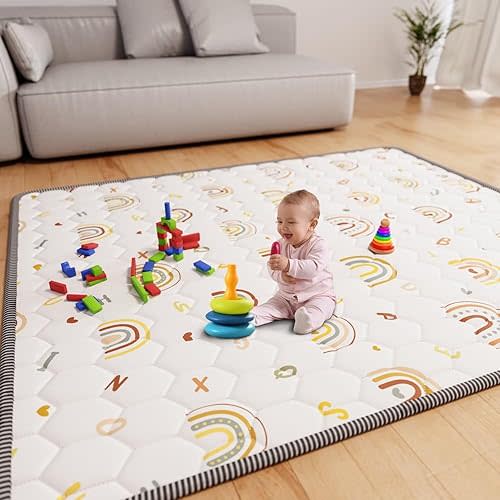 Boho Rainbow Baby Play Mat 71" X 79" Large Baby Floor Play Mat Non-Slip Cushioned Baby Floor Mat Crawling Mat Letter Playmats for Babies Toddlers Infants Tummy Time Activity (71X79, Beige)