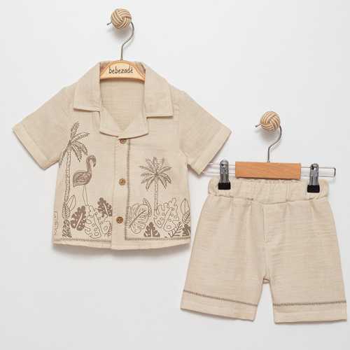 Bebezade Tropical Print Linen Baby Set, Short Sleeve Shirt and Shorts, Beige