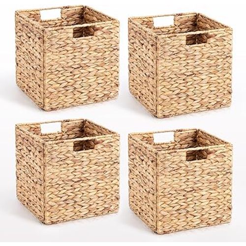 10.5 x 10.5in Wicker Storage Baskets, Cube Foldable Water Hyacinth Storage Baskets for Shelves Set of 4