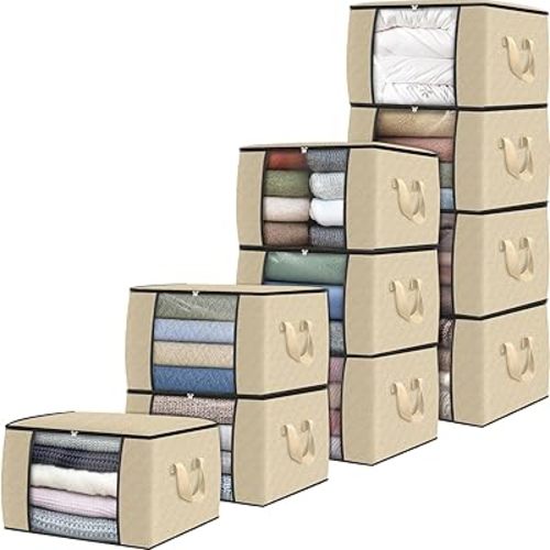 Fab totes 10 Pack Clothes Storage, Foldable Thick Fabric Blanket Storage Bags, Containers for Organizing Bedroom, Closet, Clothing, Comforter,Organization with Handle,Beige