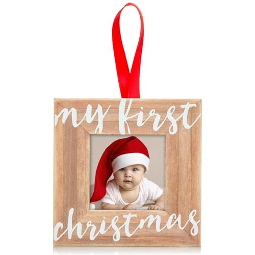 Pearhead Baby’s First Christmas Wooden Picture Frame Ornament, Newborn Milestone Keepsake Photo, Holiday Gift For New and Expecting Parents, Rustic My First Christmas Ornament