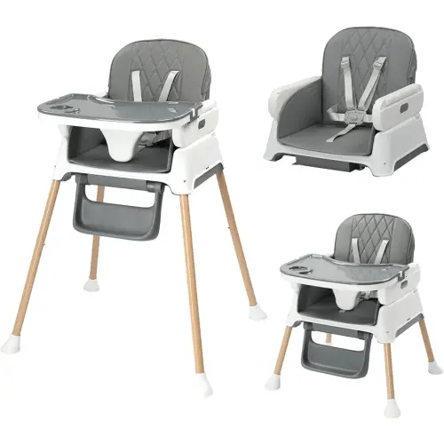 JOYMOR 5 in 1 Baby High Chair for Babies and Toddlers, Portable Highchair Fold Compact, ConvertibleBaby Feeding Chair Booster for Eating with Detachable Double Tray, 5 Point Harness (Gray)
