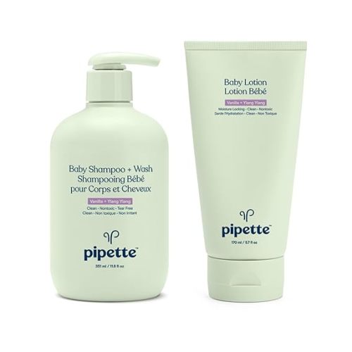 Pipette Vanilla + Ylang Ylang Baby Shampoo + Wash and Baby Lotion Duo, Clean, Tear-Free Bath Time, Sulfate-Free, Paraben-Free, Silicone-Free, Sensitive Skin, Hypoallergenic, Non-Toxic