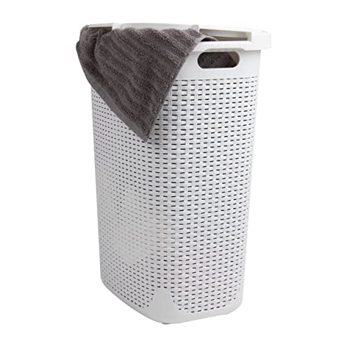 Mind Reader 60L Slim Laundry Hamper, Clothes Basket, Lid, Wicker Design, Plastic, 17.65"L x 13.75"W x 24.15"H, White