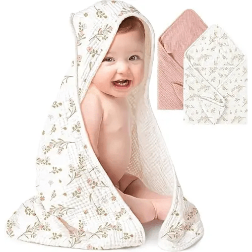 Konssy 2 Pack Muslin Hooded Baby Towels for Newborn Soft 100% Cotton Baby Bath Towel with Hood for Baby, Infant Ultra Absorbent, Baby Stuff Baby Bath Shower Gifts (Pink, Floral,30" x 30")