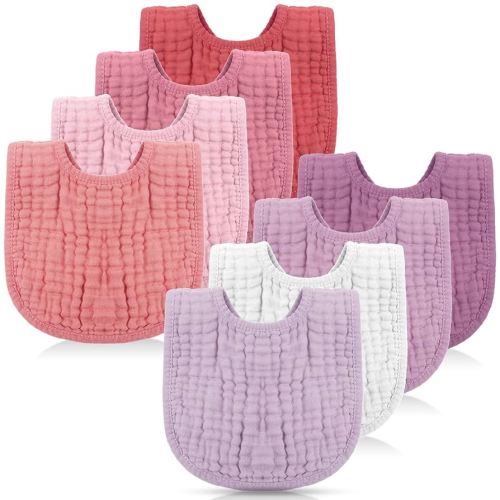 Frienda 8 Pcs Muslin Baby Bibs Cotton Bandana Drool Bibs Bulk for Newborn Infant 6 Absorbent Layers Feeding Accessory(Pink Purple Colors)