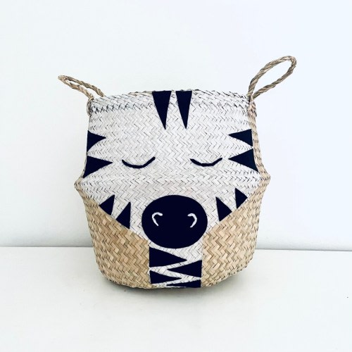 Large Zebra belly basket with a beautiful painted and embroidered face. Nursery kids bedroom toy storage bag box . Handmade by Bellybambino
