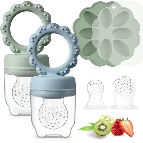 Baby Fruit Feeder with Mini Freezer Tray, 2 Pack Silicone Baby Food Feeder for Batch Prep, Breastmilk Popsicle Molds, includes 2 Extra Pouches and Lids, Dishwasher Safe, BPA Free