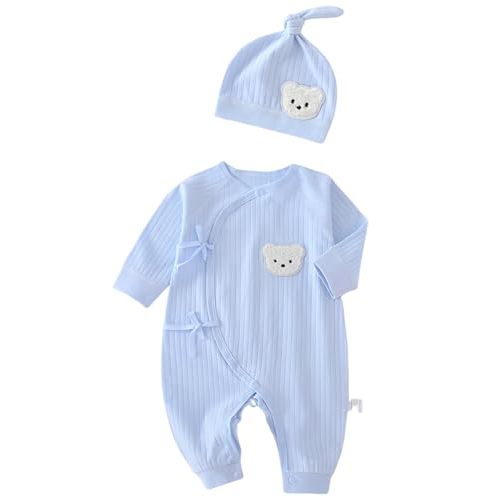 Baby Ribbed Romper and Hat Set with Bear Applique, 100% Cotton Infant Bodysuit, White, Long Sleeve