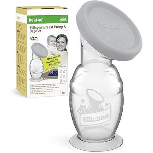 haakaa Manual Breast Pump & Silicone Cap Combo for Nursing Mom (Gray, 5oz. with Base)