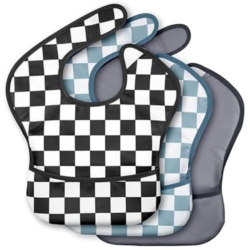 CIVARUA KIDS 3-Pack Waterproof Baby Bibs for Eating - Mess Proof Lightweight Toddler Feeding Bibs with Large Food Catcher, Food-Grade Baby Eating Essentials, Easy to Put On & Clean(Black Cherkerd)