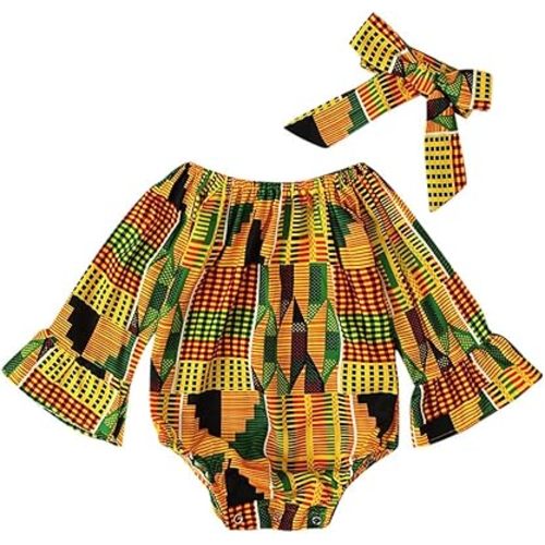 Girls Romper&Jumpsuit,Toddler Baby Girls African Print Off Shoulder Romper Hair Band Bodysuits Clothes