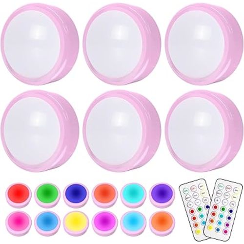 HELPLEX LED Puck Lights with Remote, Battery Powered Push Lights, Dimmable Under Cabinet Lighting, Wireless Under Counter Lights with Timer, Mini Night Light (Pink)