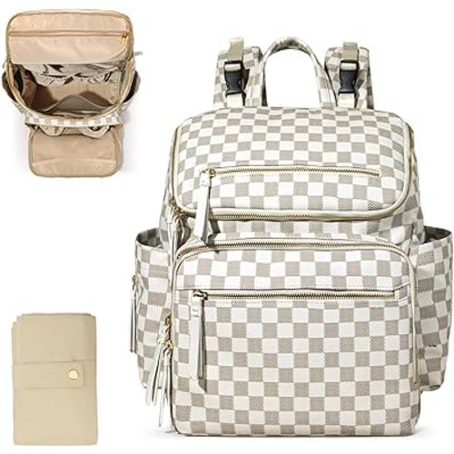 Checkered Diaper Bag Backpack Large Baby Diaper Bag Leather with 17 Diaper Bag Organizing Pouches,Changing Pad,Stroller Straps,4 Insulated Pockets,Beige&Honey