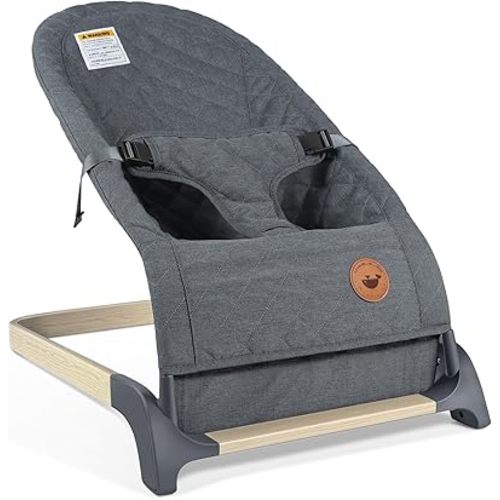 ANGELBLISS Baby Bouncer, Portable Bouncer Seat for Babies, Infants Bouncy Seat with Wood Grain Base, Natural Vibrations (Grey)