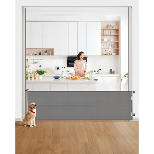 Retractable Baby Gate for Stairs – 33” Height, Expands up to 55” Width – Safety Gate for Infants, Toddlers, Dogs & Pets – Easy Install, Secure Closure, Gray Mesh Design for Indoor & Outdoor Use