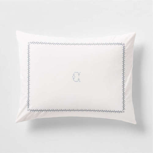 Personalized Evelyn Cozy Cloud Pampas Ivory and Blue Cross Stitch Kids Pillow Sham By Sharland England