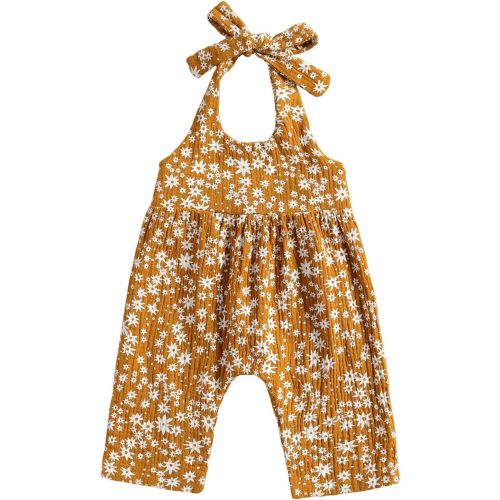 Baby Girls Daisy Playsuits Bodysuit+Headband Print Halter Romper Floral Jumpsuit Infant Summer Clothes - A-yellow - 0-6 Months