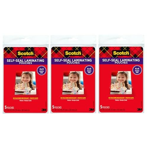 Scotch Self-Sealing Laminating Pouches, 4 x 6 Inches, 3-Pack of 5 Pouches – No Machine Needed, Clear, Photo Safe