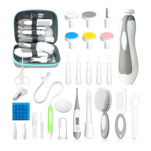 Baby Healthcare and Grooming Kit, 28 in 1 Portable Baby Essentials Kit Electric Nail Trimmer Set with Gas Relief Hair Brush Comb Nasal Aspirator for Newborn Boys Girls (Grey White)