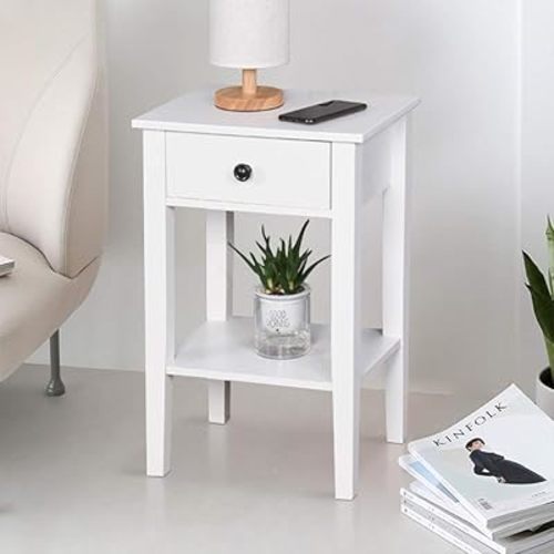 SSLine 25.6" Tall Bedside Table White Wooden One Drawer Night Stand Chairside End Table W/Shelf Modern Sofa Couch Side Table Telephone Table Accent Furniture for Bedroom